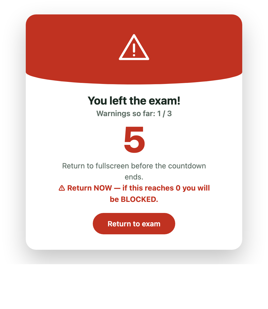 Proctoring warning with a countdown before the student is blocked
